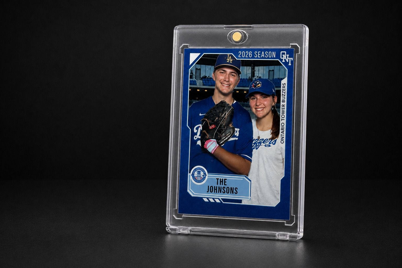 Trading card keepsake, product shot on a black background
